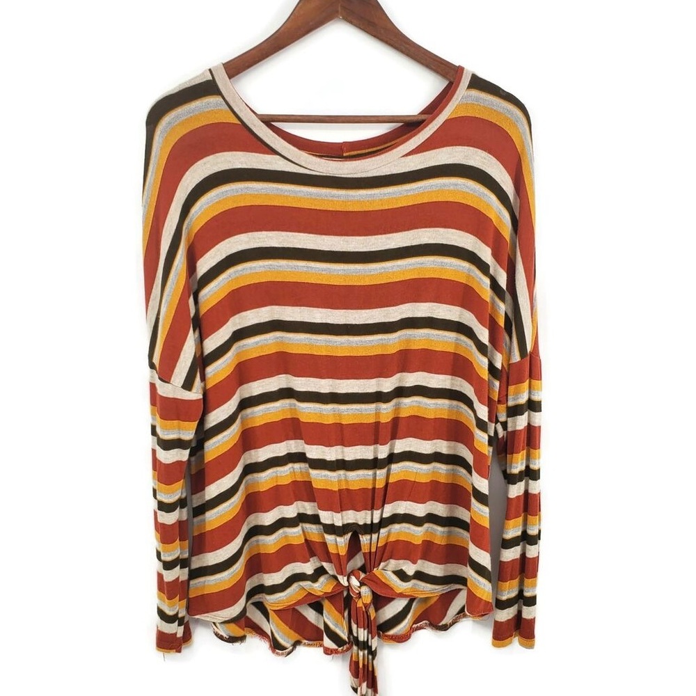 Caution To The Wind Womens Blouse Red Gold Gray Striped Tie